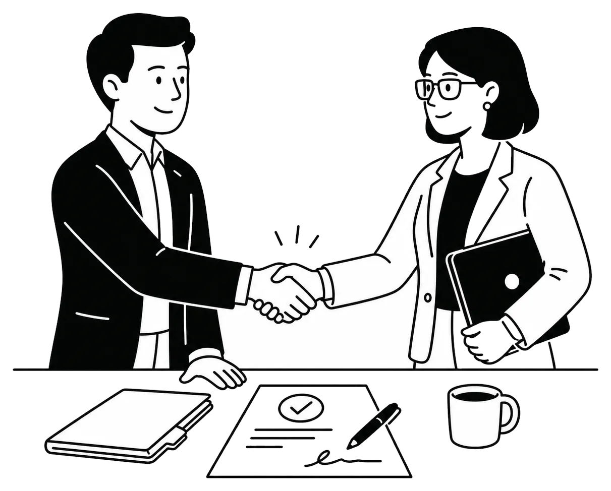 A consultant shaking hands with a client across a table