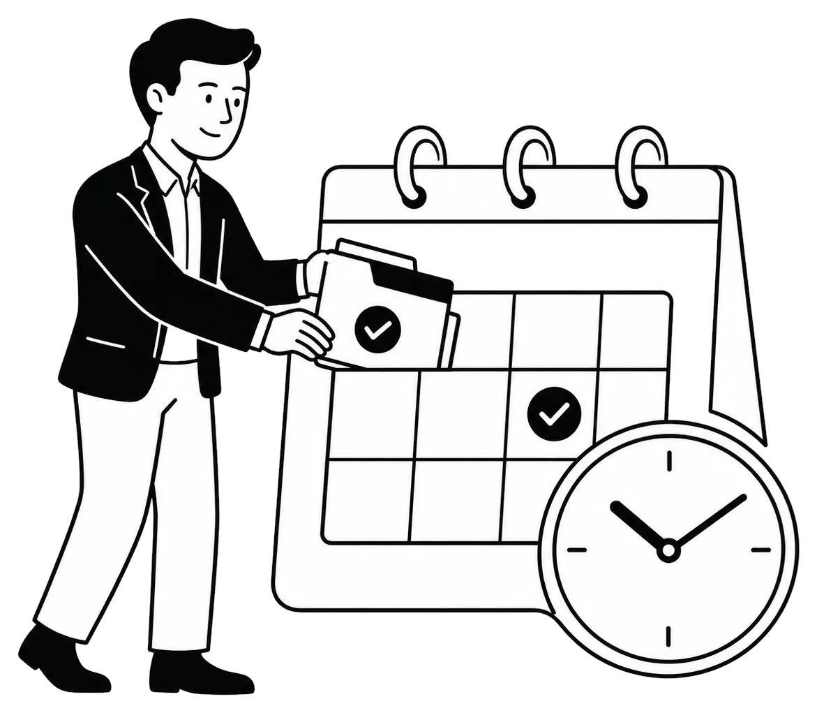 A consultant placing a completed project folder into a calendar